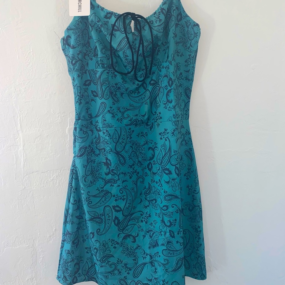 Lace Up Parsley Printed Turquoise Mini Dress